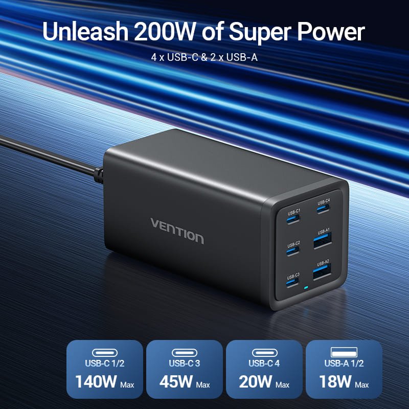 Vention 6-Port USB (C+C+C+C +A+A) Desktop GaN Charger (140W/140W/45W/20W/18W/18W) Plug