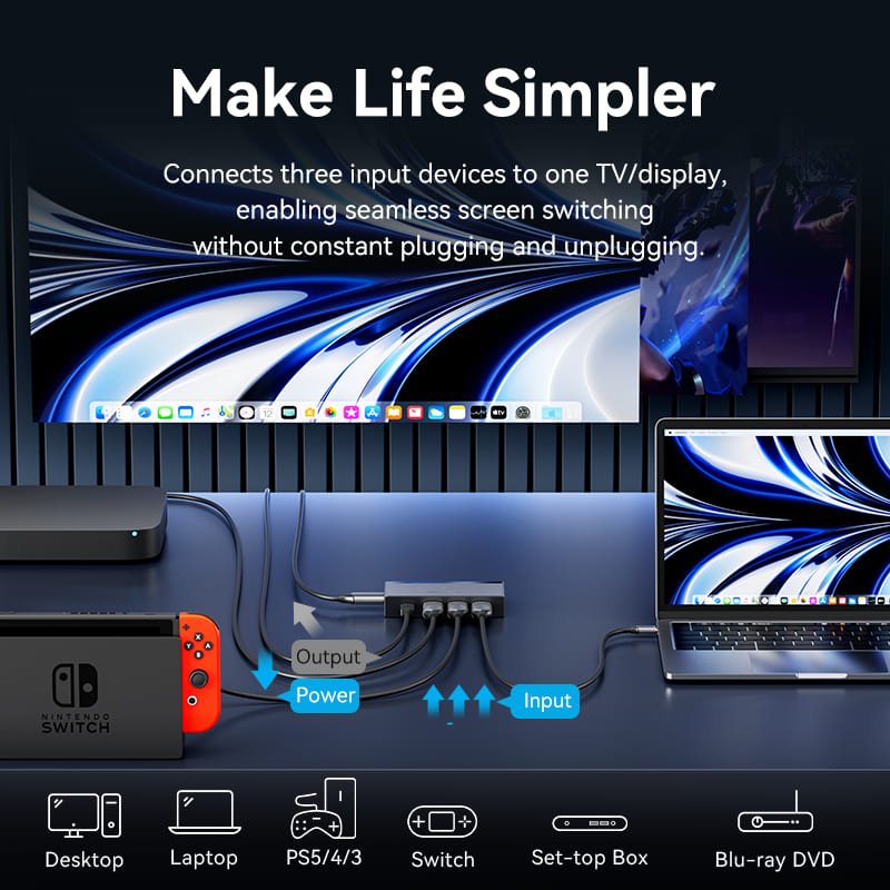 Vention 3 In 1 Out 8K HDMI™ Switcher Gray Aluminium Alloy Type