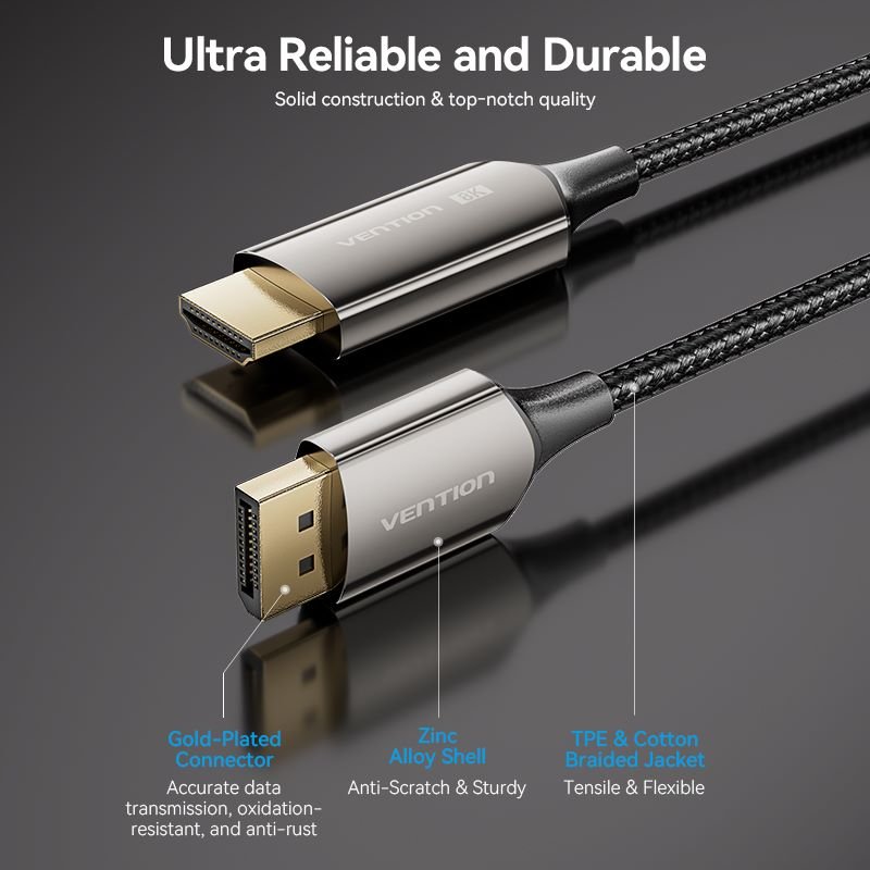 Vention Cotton Braided 8K DisplayPort Male to HDMI™ Male Cable 1.8M Black Zinc Alloy Type