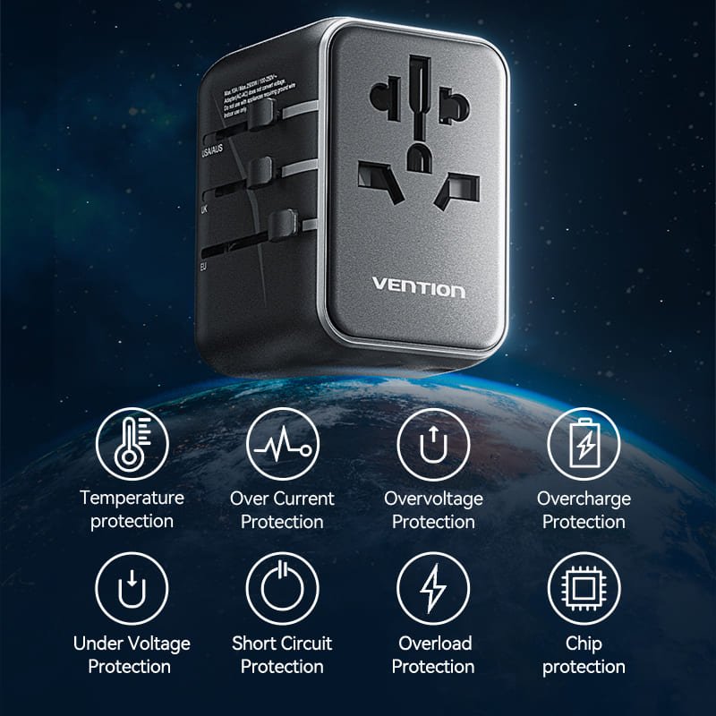 Vention 3-Port USB (C+A+A) Universal Travel Adapter (20W/18W/18W)