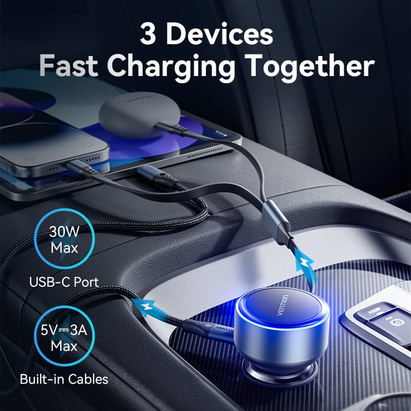 Vention Car Charger with Built-In Cable