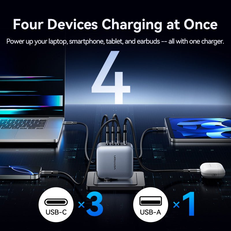Vention 4-Port USB (C + C + C + A) GaN Charger (100W/100W/30W/30W) Gray with USB-C to USB-C Cable (1M) Black EU-Plug