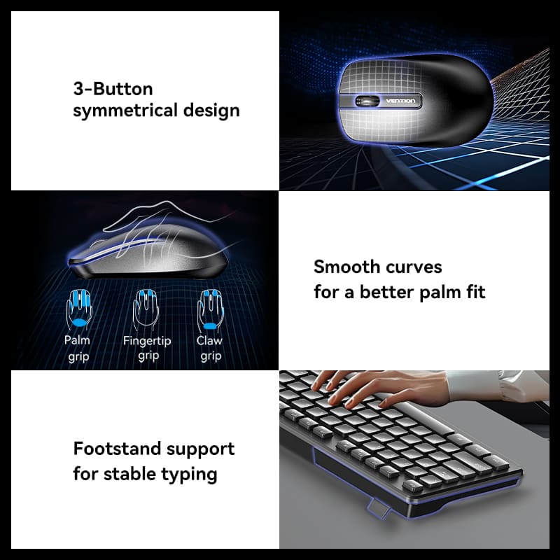 Vention Wireless Full-Sized Keyboard and Mouse Combo with Mouse Pad Black Slim Type - US English Layout