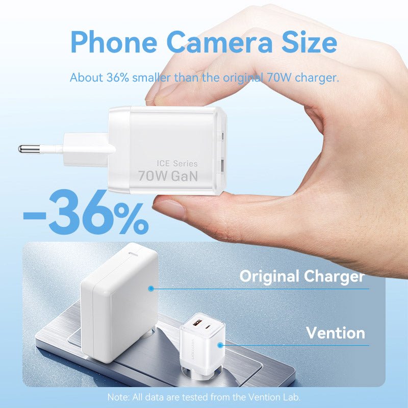 Vention 2-Port USB (C + A) GaN Charger (70W/22.5W) EU-Plug Transparent Gray