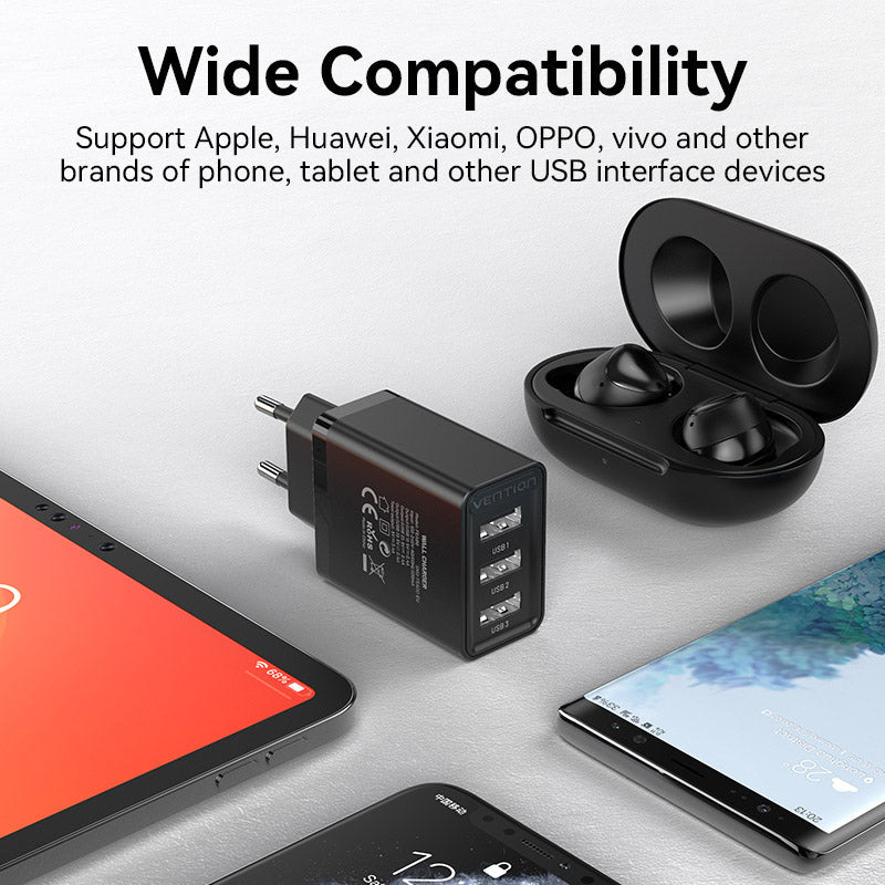 Vention 3-Port USB(A+A+A) Wall Charger(12W/12W/12W) EU-Plug