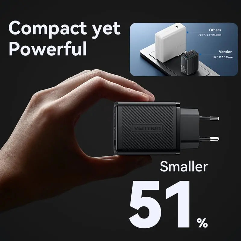 Vention 3-Port USB (C+C+A) GaN Charger (65W/65W/60W) EU-Plug
