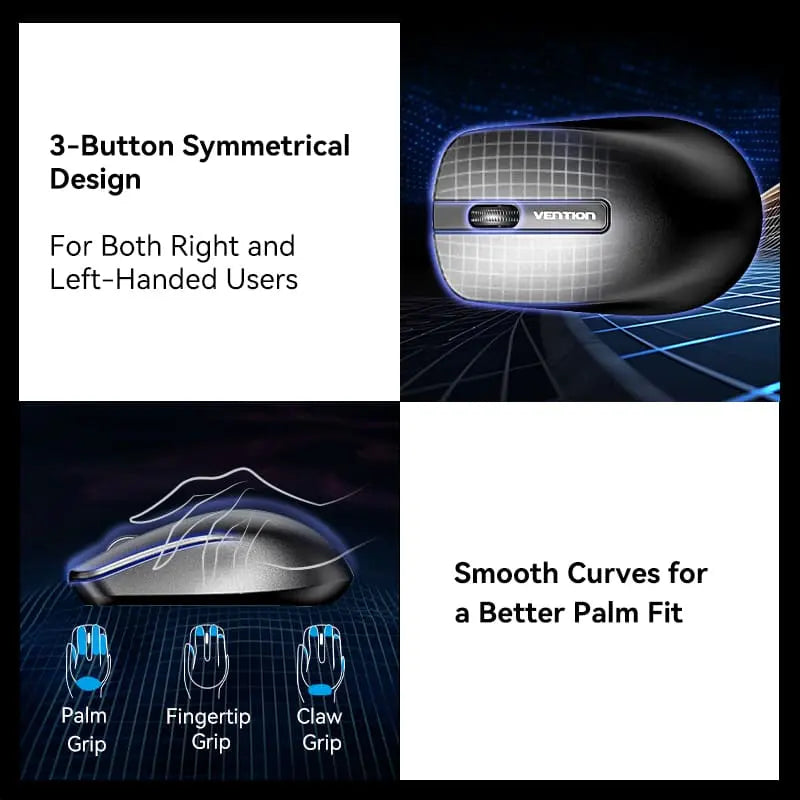 Vention 3-Button Wireless Computer Mouse with USB Receiver Black