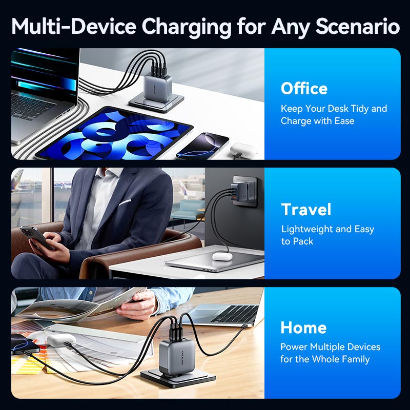 Vention 4-Port USB (C + C + C + A) GaN Charger (100W/100W/30W/30W) Gray with USB-C to USB-C Cable (1M) Black US-Plug