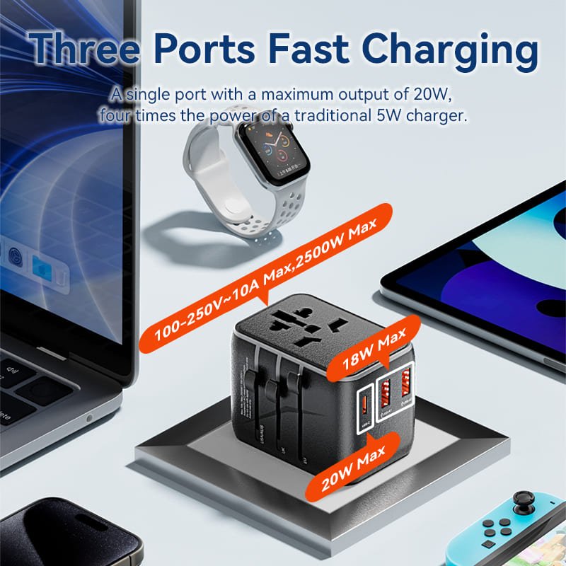 Vention 3-Port USB (C+A+A) Universal Travel Adapter (20W/18W/18W)