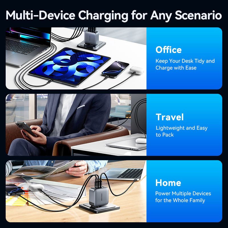 Vention 4-Port USB (C + C + C + A) GaN Charger (100W/100W/30W/30W) Gray with USB-C to USB-C Cable (1M) Black EU-Plug