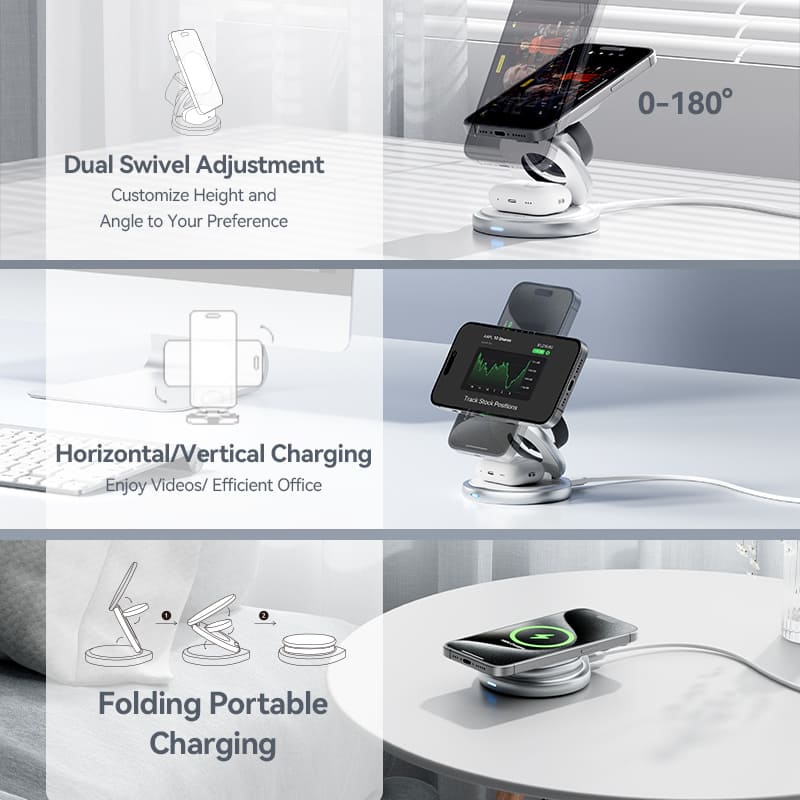 Vention 3-in-1 15W Wireless Charger Stand with MagSafe Silver