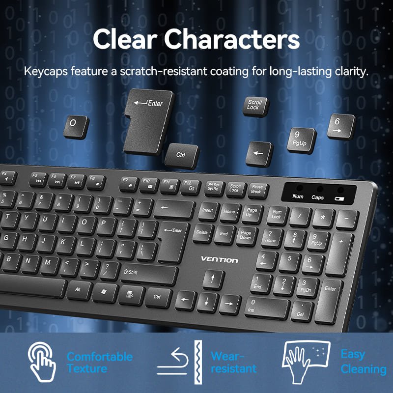Vention Wireless Full-Sized Keyboard and Mouse Combo with Mouse Pad Black Slim Type - US English Layout