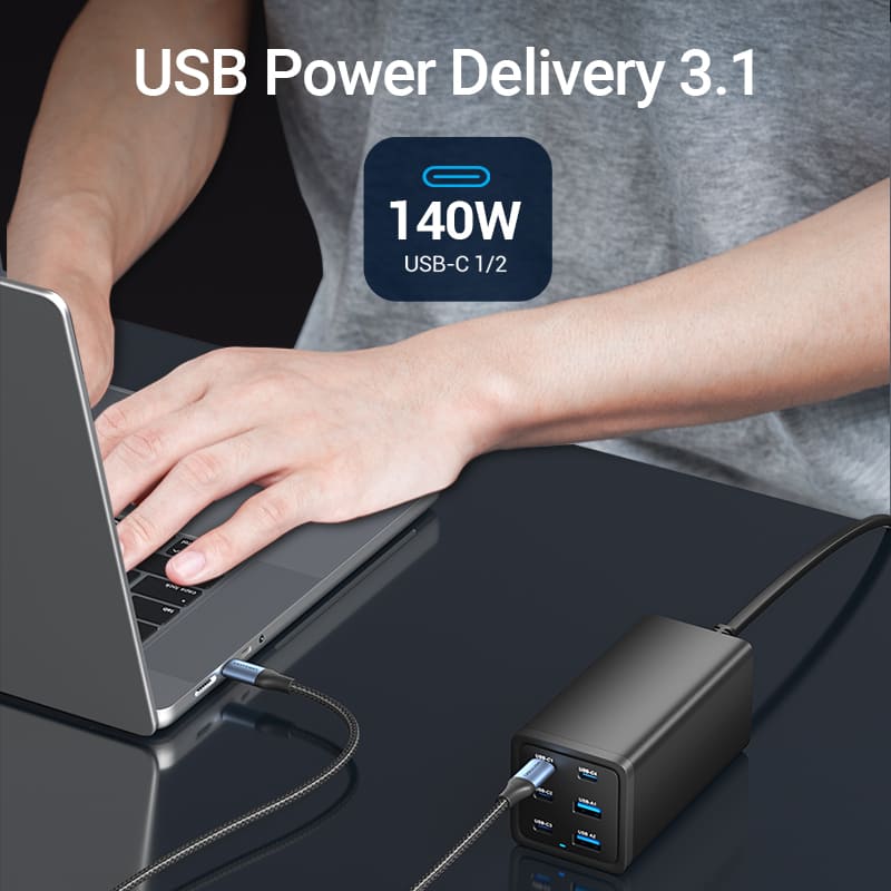 Vention 6-Port USB (C+C+C+C +A+A) Desktop GaN Charger (140W/140W/45W/20W/18W/18W) Plug