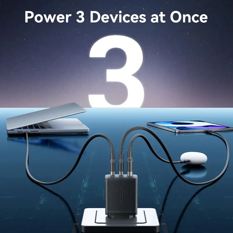 Vention 3-Port USB (C+C+A) GaN Charger (65W/65W/60W) EU-Plug