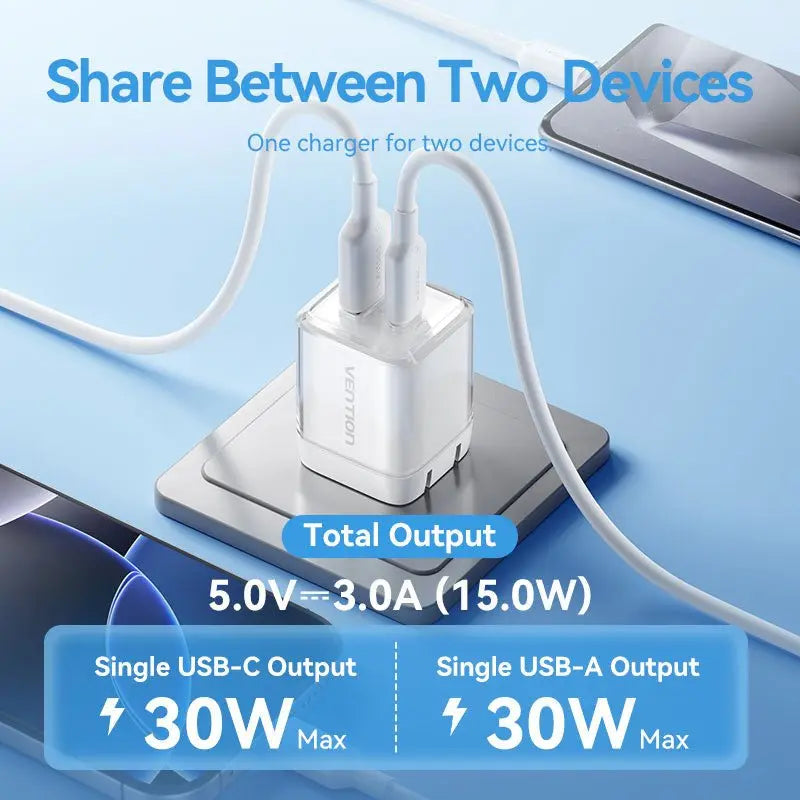 Vention 2-Port USB (C + A) GaN Charger (30W/30W) US-Plug
