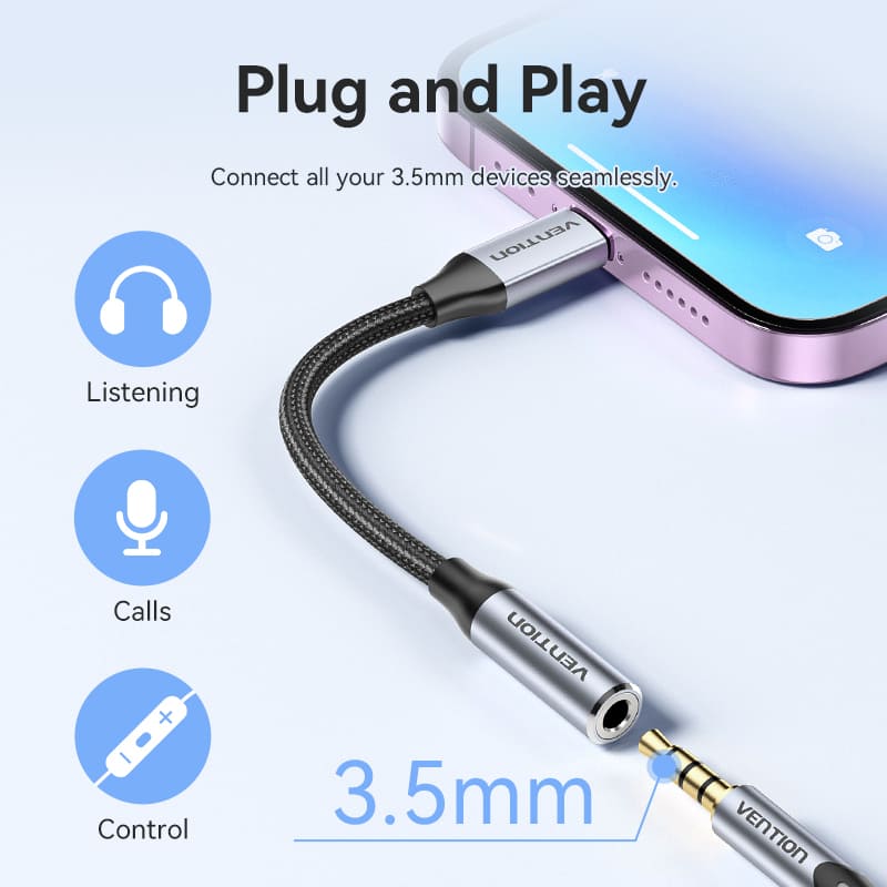 Vention Cotton Braided Lightning Male to 3.5MM Earphone Jack Adapter Aluminum Alloy Type
