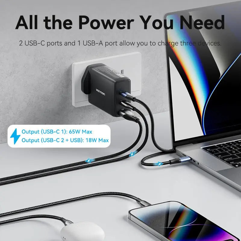 Vention 3-Port USB (C+C+A) GaN Charger (100W/65W/30W) UK-Plug