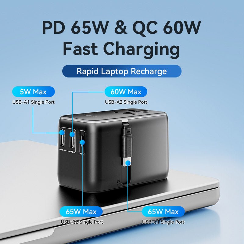 Vention 3-Port USB (C + A + A) GaN Universal Travel Adapter (65W/60W/5W) with Built-in USB-C Cable Black