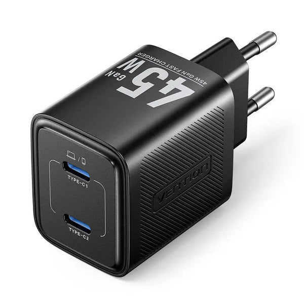 Vention 2-Port USB (C + C) GaN Charger (45W/45W) EU-Plug Black