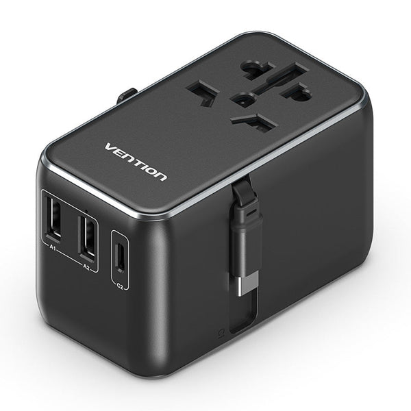 Vention 3-Port USB (C + A + A) GaN Universal Travel Adapter (65W/60W/5W) with Built-in USB-C Cable Black
