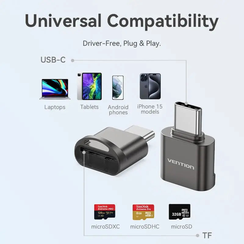 Vention USB 2.0 Type-C MicroSD Card Reader Gray Zinc Alloy Type