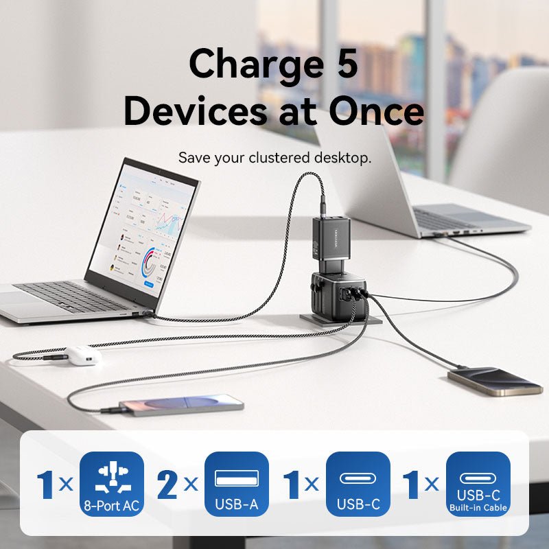 Vention 3-Port USB (C + A + A) GaN Universal Travel Adapter (65W/60W/5W) with Built-in USB-C Cable Black