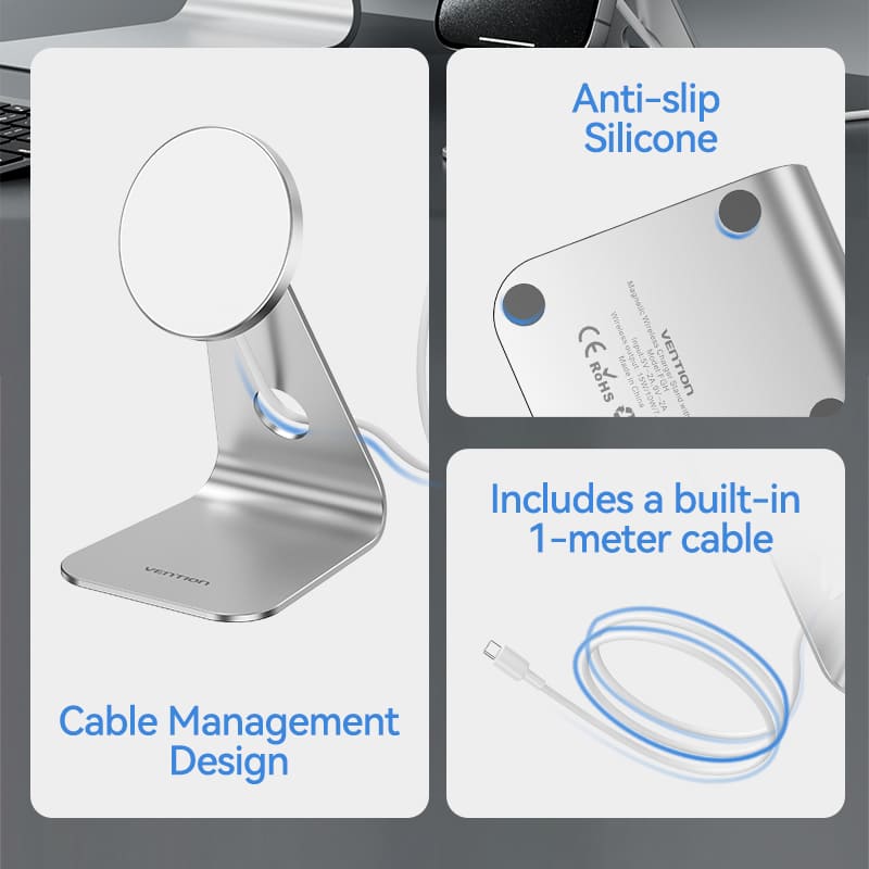 Vention 15W Magnetic Wireless Charger Stand with MagSafe 1M Silver