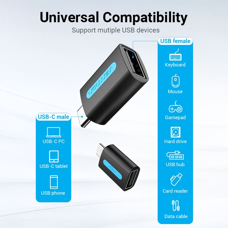 Vention USB-C Male to USB 2.0 Female OTG Adapter Black PVC Type