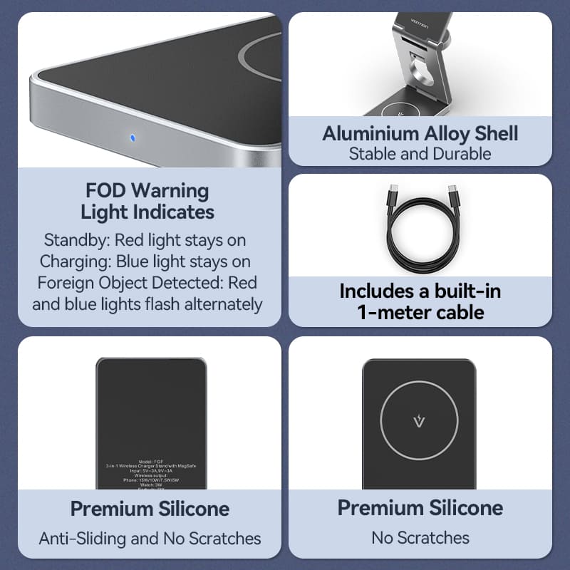 Vention 3‑in‑1 15W Wireless Charger Stand with MagSafe Gray