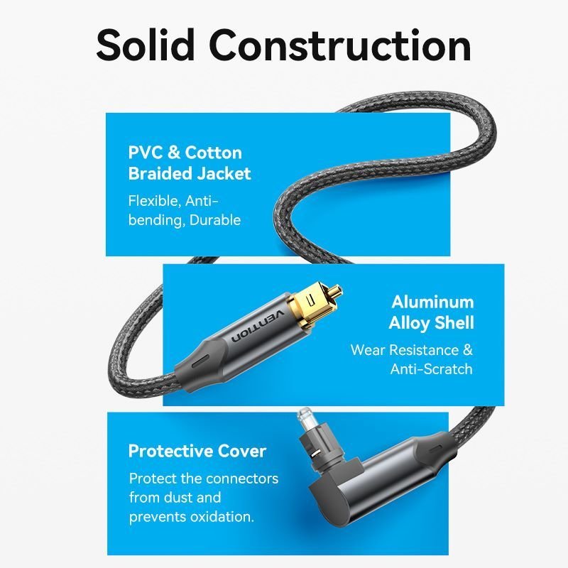 Vention 90-Degree Optical Audio Cable 0.5/1/1.5/2/3/5/10M Black Aluminum Alloy Type