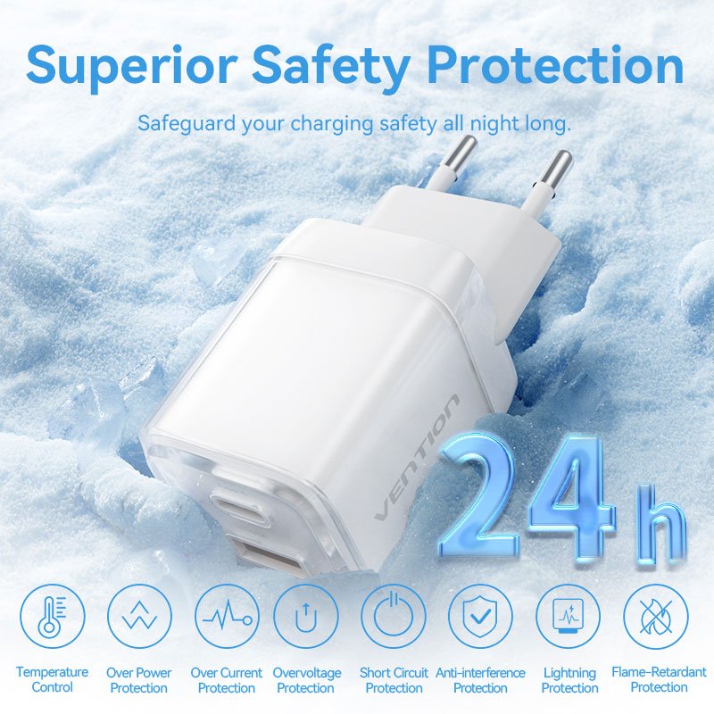 Vention 2-Port USB (C + A) GaN Charger (70W/22.5W) EU-Plug Transparent Gray