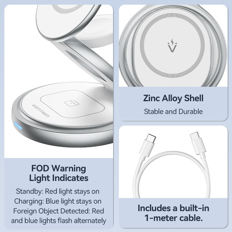 Vention 3-in-1 15W Wireless Charger Stand with MagSafe Silver