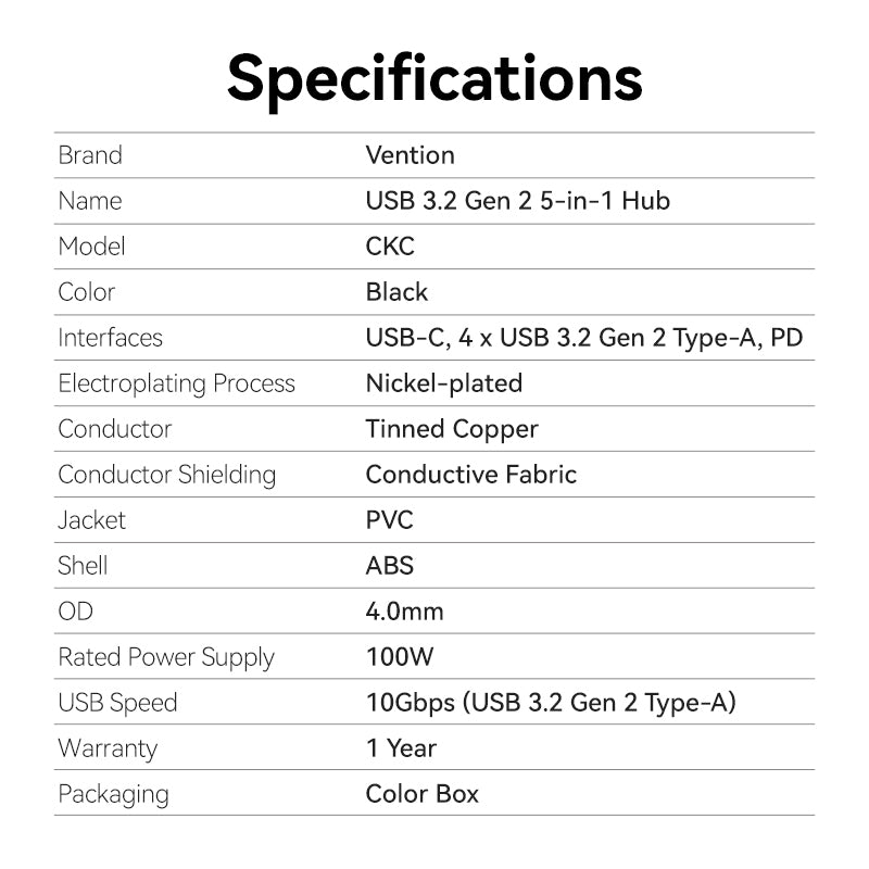 Vention USB-C to USB 3.2 Gen 2 Type-A x 4/PD 10G Hub 0.15M Black