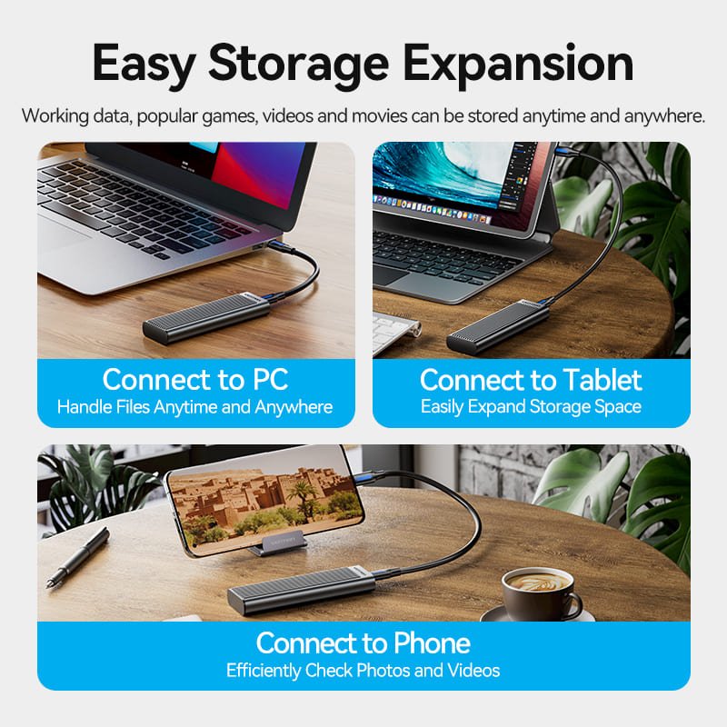 Vention M.2 NVMe & SATA SSD Enclosure (USB 3.2 Gen 2-C) with Heat Sink Gray Aluminum Alloy Type