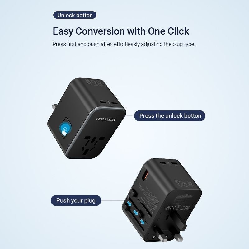 Vention 3-Port USB (C+C+A) GaN Universal Travel Adapter (65W/65W/30W)