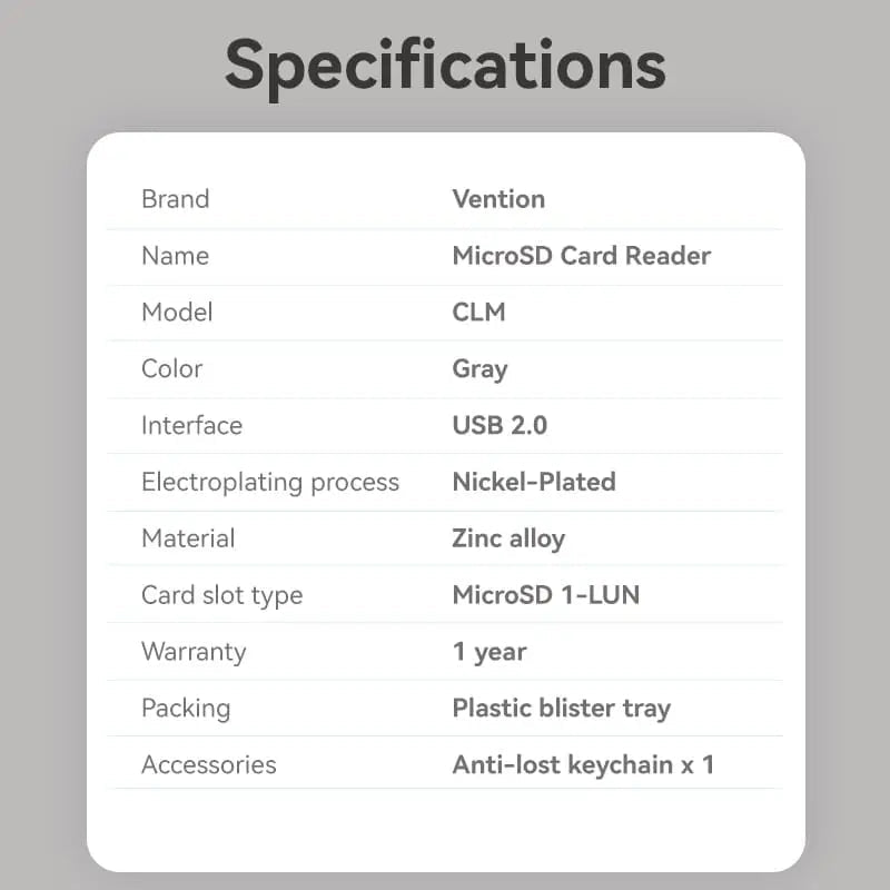 Vention USB 2.0 Type-C MicroSD Card Reader Gray Zinc Alloy Type