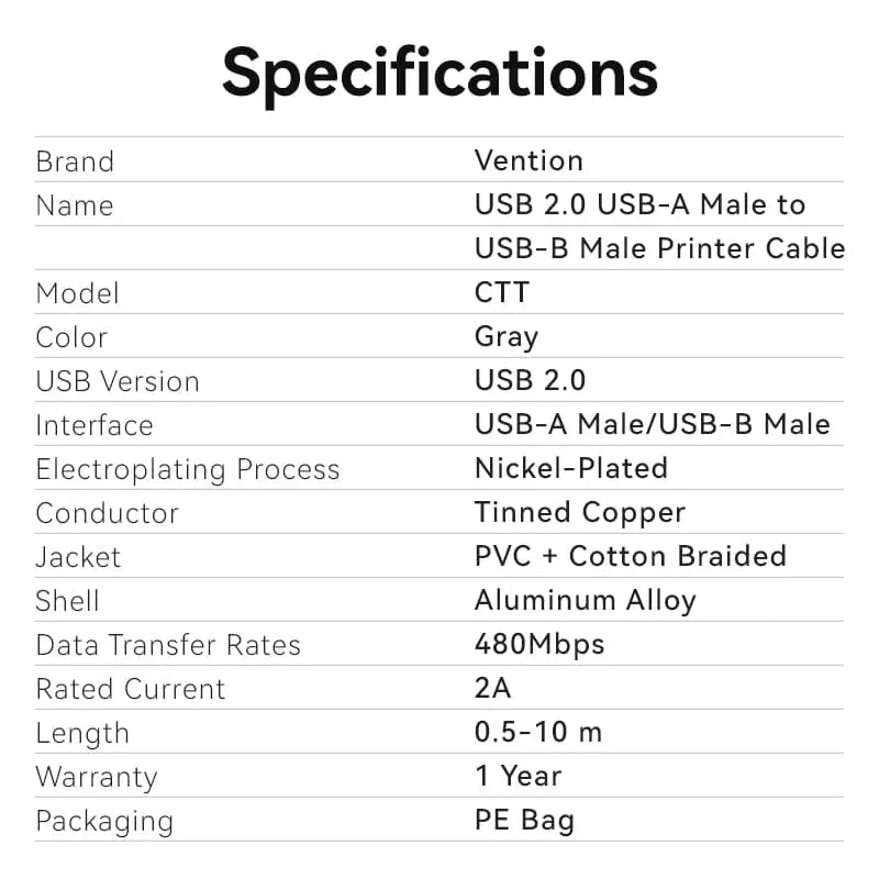 Vention USB 2.0 Type-A Male to Type-B Male Printer Cable