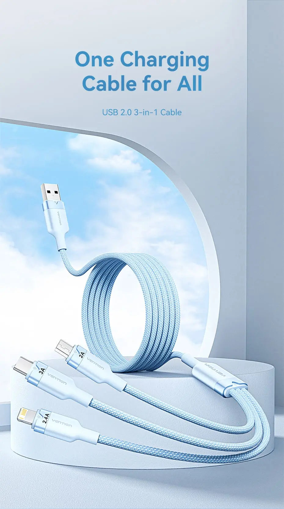 Vention USB 2.0 A Male to 3-in-1 USB-C & Lightning & Micro-B Male 3A Cable Aluminum Alloy Type