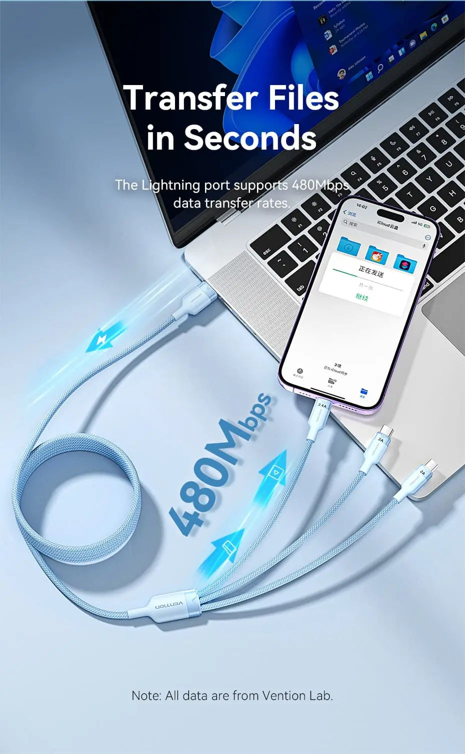 Vention USB 2.0 A Male to 3-in-1 USB-C & Lightning & Micro-B Male 3A Cable Aluminum Alloy Type