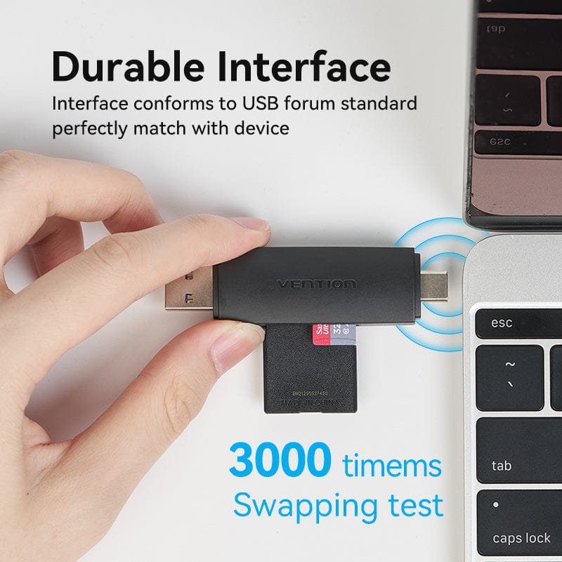 Vention 2-in-1 USB 3.0 A+C Card Reader(SD+TF) Black Dual Drive Letter