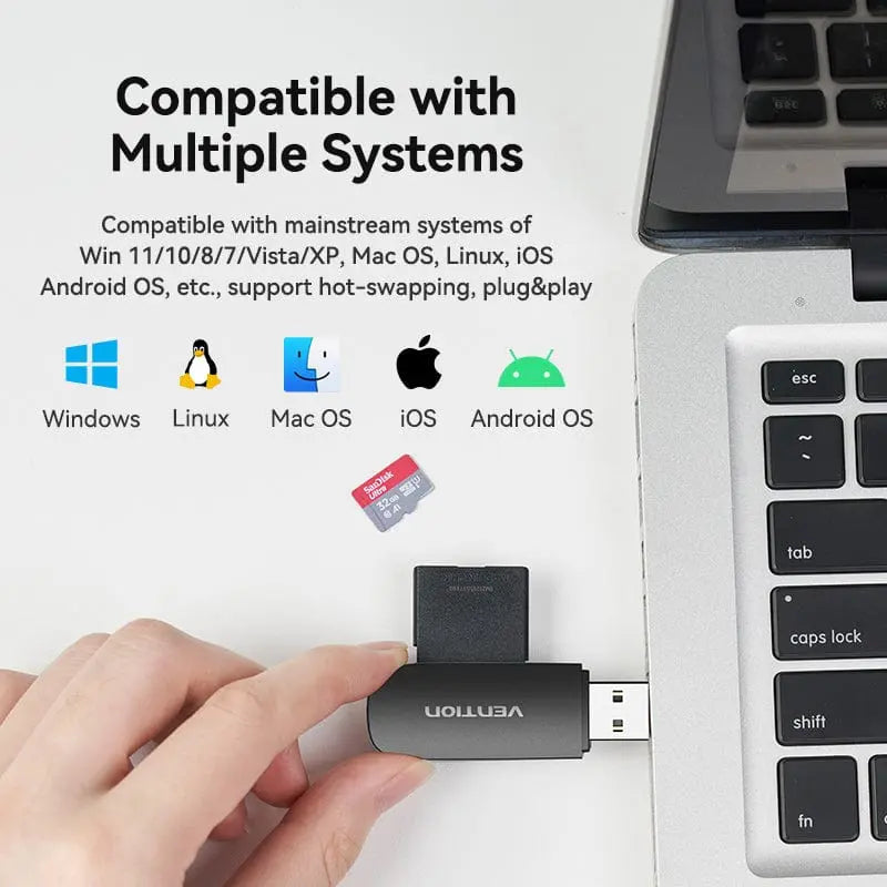 Vention 2-in-1 USB 3.0 A Card Reader(SD+TF) Black Single Drive Letter