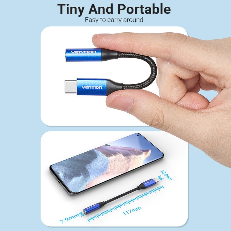 Cotton Braided USB-C Male to 3.5mm Female Audio Cable(DAC) 0.1M Blue Aluminum Alloy Type