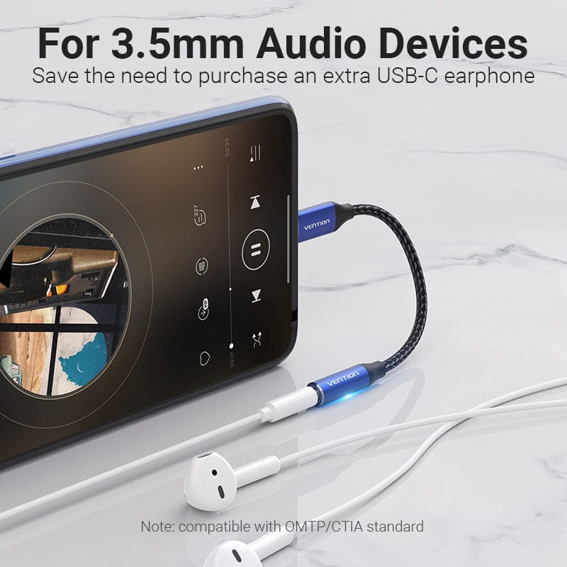 Cotton Braided USB-C Male to 3.5mm Female Audio Cable(DAC) 0.1M Blue Aluminum Alloy Type