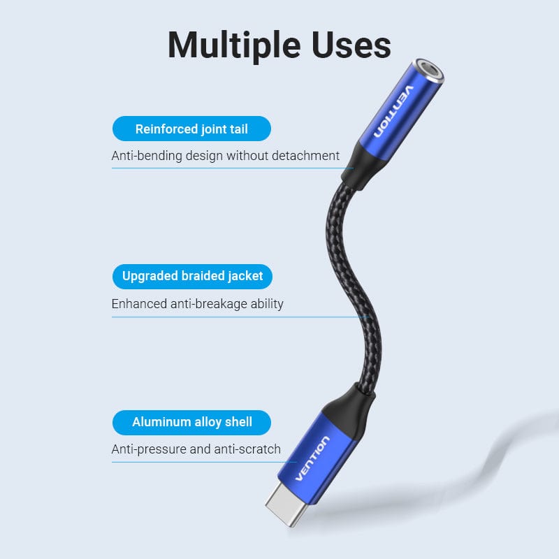 Cotton Braided USB-C Male to 3.5mm Female Audio Cable(DAC) 0.1M Blue Aluminum Alloy Type