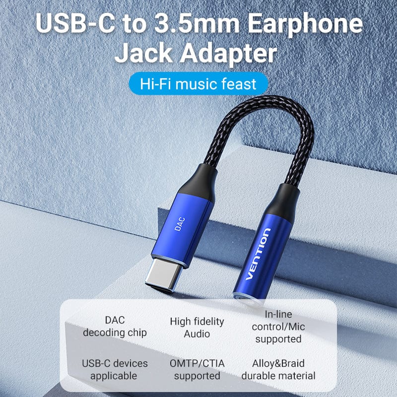 Cotton Braided USB-C Male to 3.5mm Female Audio Cable(DAC) 0.1M Blue Aluminum Alloy Type