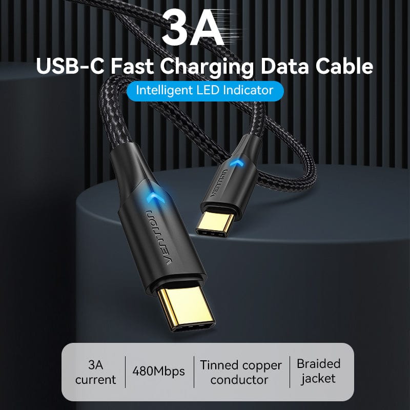 Vention Nylon Braided USB 2.0 C Male to C Male 3A Cable LED Type