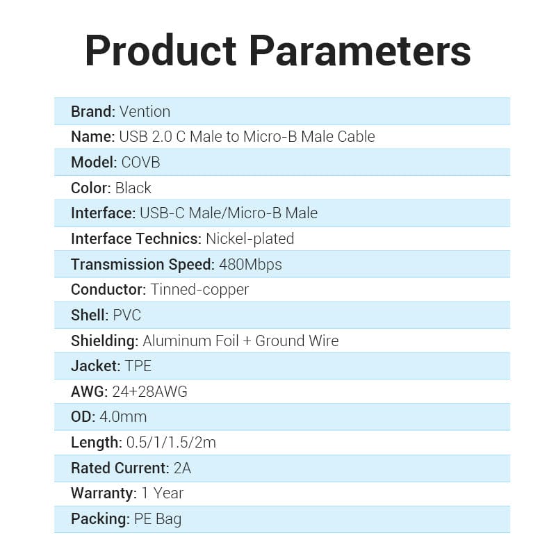 Vention USB 2.0 C Male to Micro-B Male 2A Cable